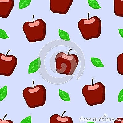 Apples juicy fruit with its leaf in blue seamless pattern Vector Illustration