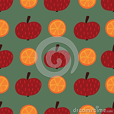 Apples and oranges seamless vector pattern. Hand drawn fruit illustration background. Flat Scandinavian style. Use for Vector Illustration