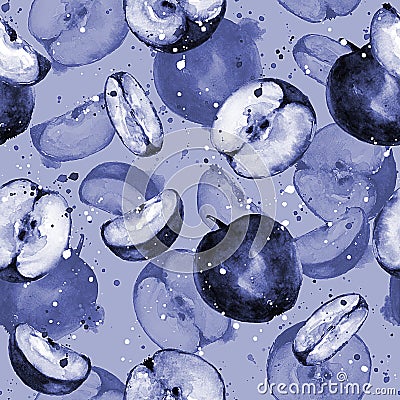 Apples painted in watercolor in blue tone seamless pattern Stock Photo