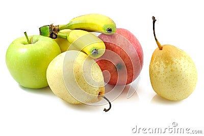 Apples, pears and baby bananas Stock Photo