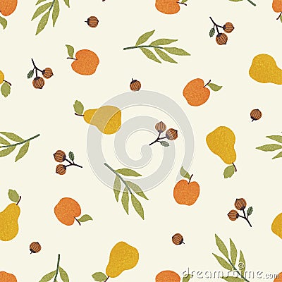 Apples, pears and nuts. Seasonal autumn seamless pattern. Vector Illustration