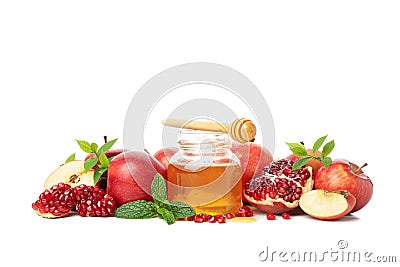 Apples, pomegranate, mint and honey isolated on background. Natural treatment Stock Photo