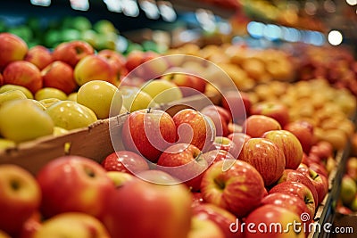 Apples on supermarket apple shelves display retail store organic local farmers food fruits healthy eating fresh supply Stock Photo