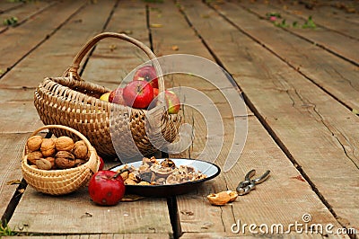 Apples and walnuts Stock Photo