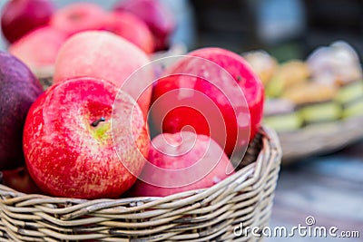 Autumn Harvest Delights: Apples in Wooden Crate on Table Stock Photo