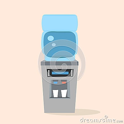 Illustration of office plastic water cooler with full blue bottle. Front view. Cartoon flat style. Isolated graphic element for yo Vector Illustration