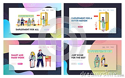 Applicants with Cv Documents Hiring Work Website Landing Page Set. Young Man and Woman Sitting on Chairs Vector Illustration