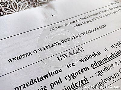 Application for co-financing for coal in Poland. a card with an inscription in Polish Editorial Stock Photo