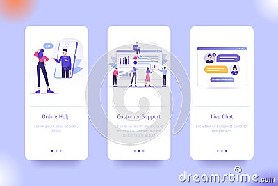 Application design set for Online Help, Customer Support and Live Chat. UI on boarding screens design. Mobile app template. Modern Vector Illustration