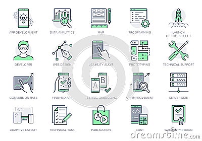 Application development line icons. Vector illustration included icon as mobile software, app ux prototyping, data Vector Illustration