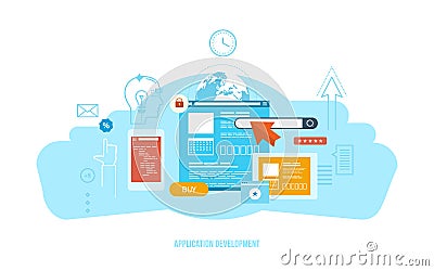 Application development, software, modern information technology, communication, system of interaction. Vector Illustration