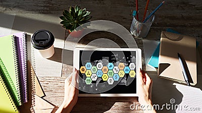 Application and diagrams on device screen. Business control panel and apps development concept. Stock Photo