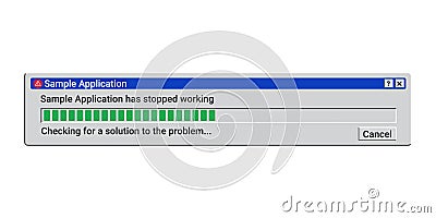 Application has stopped working. Old warning window. Retro loading window. Vector Illustration