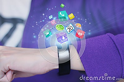 Application icons with smart wristband. Stock Photo