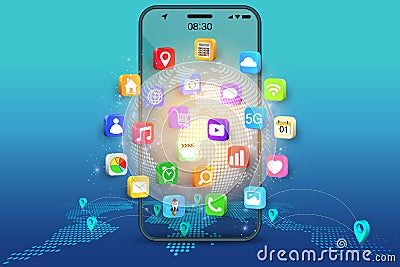 Application on Mobile, smartphone with application icons isolated on global network background as new technology and communication Vector Illustration