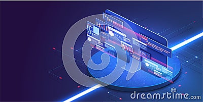 Application of PC with business graph and analytics data on isometric computer. Analysis trends and software development Vector Illustration