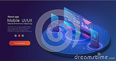 Application of PC, phone with business graph and analytics data on isometric device. Analysis trends and financial Vector Illustration