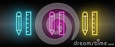 application, pencil, rule vector icon yellow, pink, blue neon set. Tools vector icon Vector Illustration