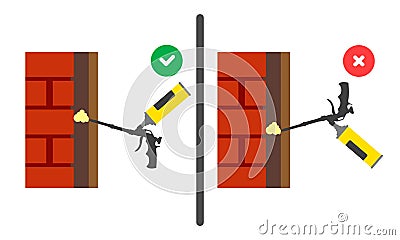 Application of polyurethane foam with a gun. Instructions for use. Right and wrong use of mounting tool. Vector Vector Illustration