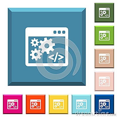 Application programming interface white icons on edged square buttons Stock Photo