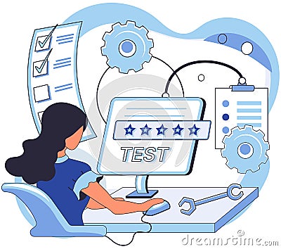 Application testing metaphor. Vector. App test, stress test for gauging apps robustness Software testing, fact-checker Vector Illustration