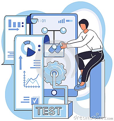 Application testing metaphor. Vector. App test, proving ground where apps robustness is checked Software testing Vector Illustration