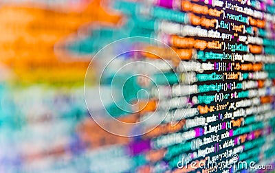 Application web source code on monitor. Writing programming code on laptop. Information technology website coding standards for Stock Photo