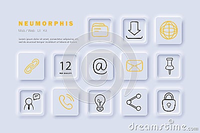 Applications line icon. Share, internet, planet, call, file, folder, lock, email. Neomorphism steyle. Vector line icon for Vector Illustration
