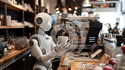 Applied AI - an artificial intelligence enabled robot is serving espresso in a modern coffee bar Stock Photo