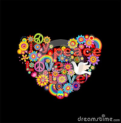 Applique with colorful flowers hippie heart and paper dove Vector Illustration