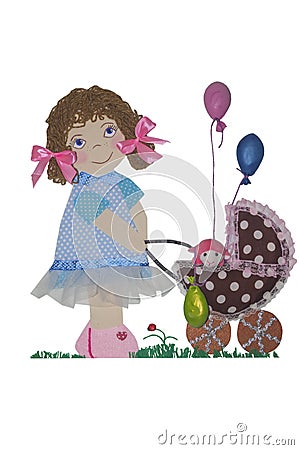 Applique a girl with stroller and balloons Stock Photo