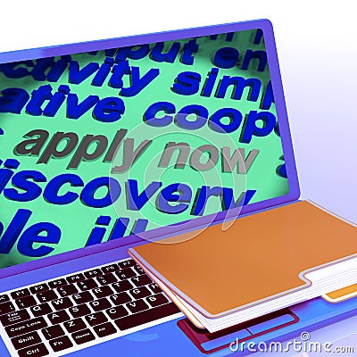 Apply Now Word Cloud Laptop Shows Work Job Applications Stock Photo