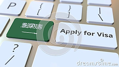 APPLY FOR VISA text and flag of Saudi Arabia on the buttons on the computer keyboard. Conceptual 3D rendering Stock Photo