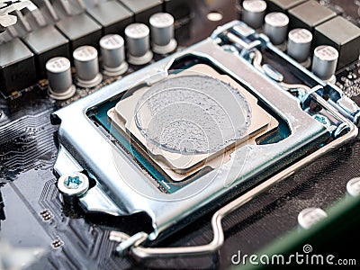 Applying a heat-conducting paste to the heat distributor, the cover of the computer processor, thermal paste and cooling of the pr Stock Photo