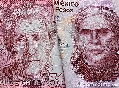 approach to chilean banknote of 5000 pesos and mexican banknote of fifty pesos Stock Photo