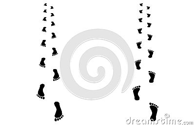 Approaching and receding bare footprint. Perspective vector steps walking away. Vector Illustration