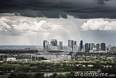 approaching storm clouds, with view of city skyline visible in the distance Stock Photo