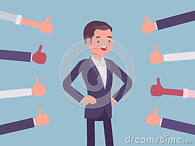 Approbation, commendation and praise, thumbs approving man Vector Illustration
