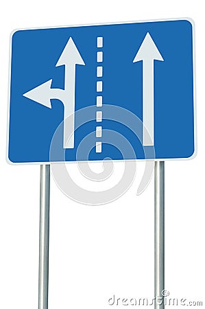 Appropriate traffic lanes at crossroads junction, left turn exit ahead, isolated blue road sign, white arrows, roadside signage Stock Photo
