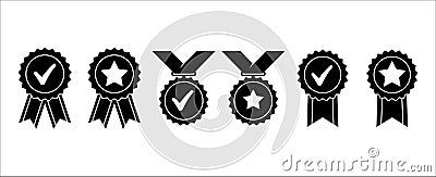 Approval medal vector icon set. Symbol of approved, certified, qualified, the best, check mark and number one. Vector sign set of Vector Illustration