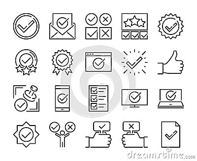 Approve icon. Approved and Check mark line icons set. Editable stroke. Pixel Perfect. Vector Illustration