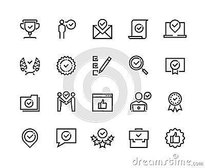 Approve line icons. Quality guaranteed payment approval and verification certificate outline symbols. Vector check mark Vector Illustration