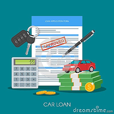 Approved car loan vector illustration. Buying automobile concept. Auto keys, money, application form Vector Illustration