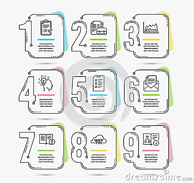 Approved checklist, Trade chart and Facts icons. Checklist, Idea and Vacancy signs. Vector Vector Illustration