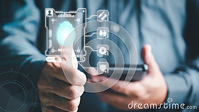 Approved cybersecurity and login authentication With AI database technology, business people use fingerprints to unlock the system Stock Photo