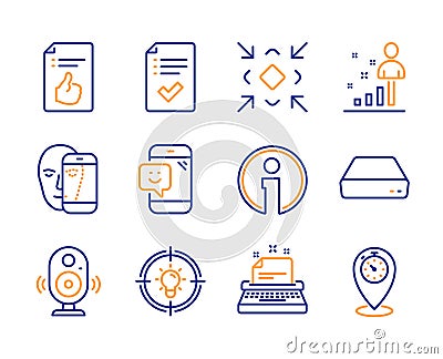 Approved document, Face biometrics and Smile icons set. Speaker, Mini pc and Stats signs. Vector Vector Illustration