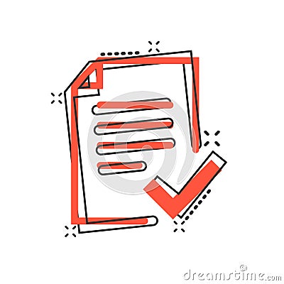 Approved document icon in comic style. Authorize cartoon vector illustration on white isolated background. Agreement check mark Vector Illustration