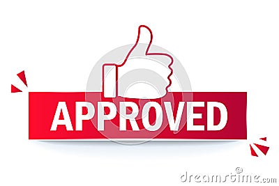 Approved label flag with thumbs up icon. Cartoon Illustration