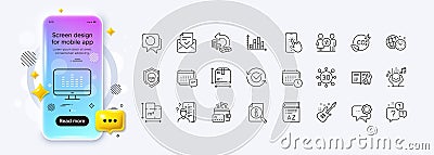 Approved mail, Diagram graph and Vocabulary line icons for web app. Pictogram icon. Phone mockup gradient screen Vector Vector Illustration