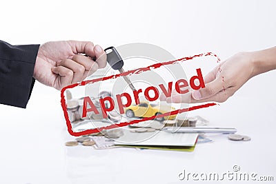 Approved mortgage loan agreement with car and key. Stock Photo